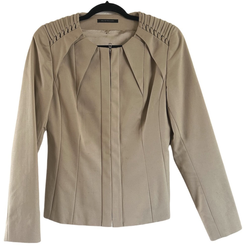 Elie Tahari designer khaki dart pleated work corporate office jacket